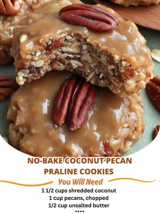 Chewy, golden-brown coconut pecan praline cookies stacked on a plate, with a glossy, caramelized finish and bits of coconut and pecans visible.