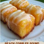 Golden Twinkie-style cakes filled with peach cobbler cream and drizzled with glaze, topped with bits of peach and cake crumbs.