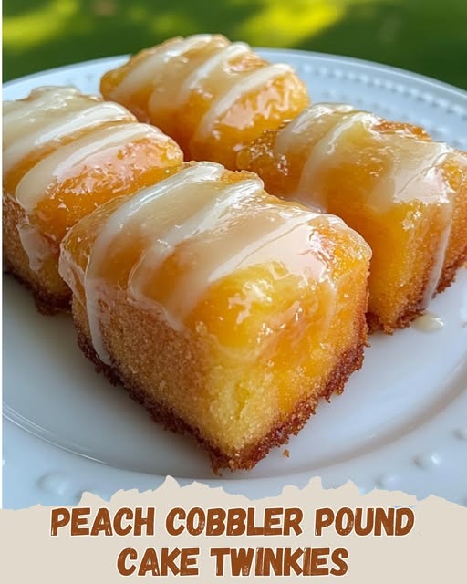 Golden Twinkie-style cakes filled with peach cobbler cream and drizzled with glaze, topped with bits of peach and cake crumbs.