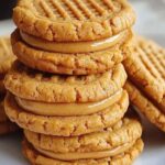 Peanut butter cookies filled with a creamy peanut butter filling, stacked on a plate.