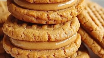 Peanut butter cookies filled with a creamy peanut butter filling, stacked on a plate.