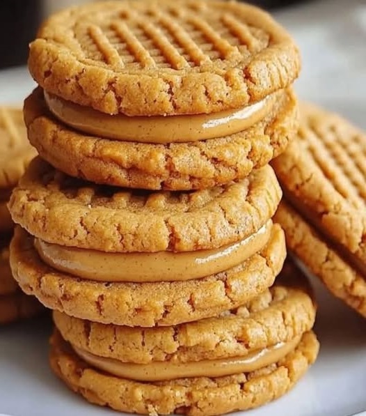 Peanut butter cookies filled with a creamy peanut butter filling, stacked on a plate.