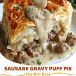 A golden, flaky puff pastry pie filled with creamy sausage gravy, sliced open to show the rich, savory filling.