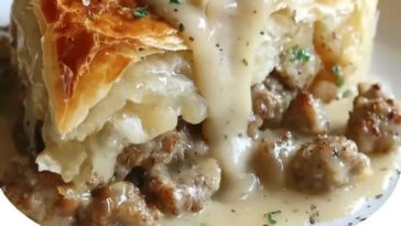 A golden, flaky puff pastry pie filled with creamy sausage gravy, sliced open to show the rich, savory filling.