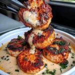 Golden-brown seared scallops served over a creamy Cajun sauce with herbs and spices.