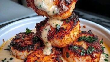 Golden-brown seared scallops served over a creamy Cajun sauce with herbs and spices.