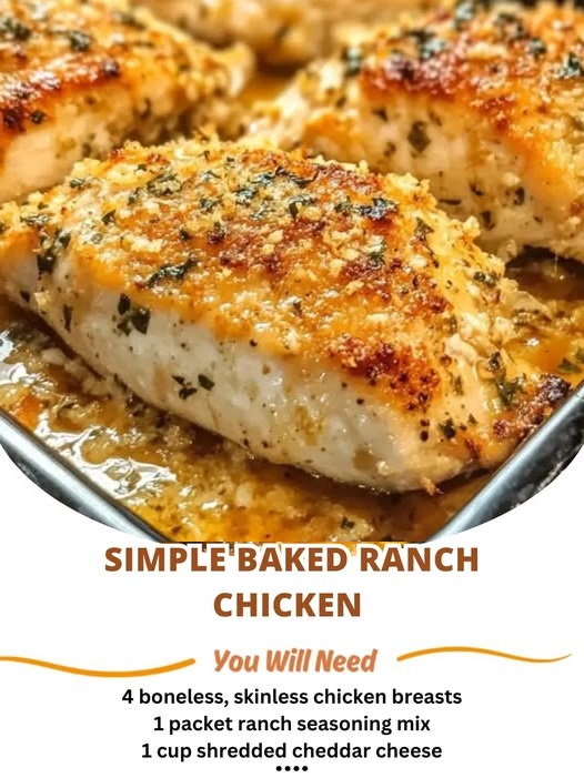 Juicy baked ranch chicken breasts garnished with herbs, served in a baking dish with a golden, seasoned coating.