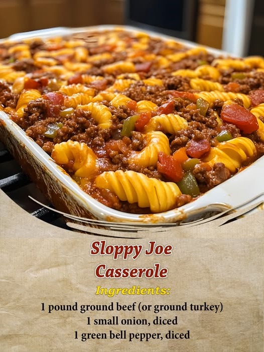Sloppy Joe casserole topped with melted cheese in a baking dish, served hot.