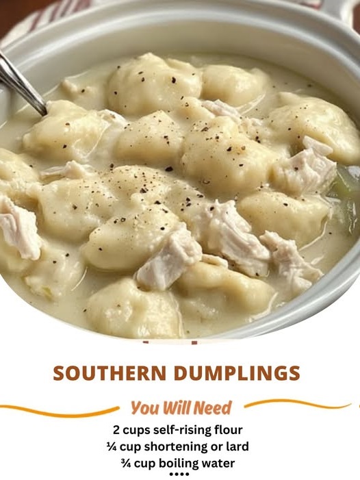 A pot of Southern-style dumplings simmering in rich chicken broth, with soft dough pieces floating among shredded chicken.