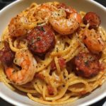 A plate of spaghetti topped with a creamy pepper sauce, crumbled chorizo, and succulent shrimp, garnished with fresh herbs.