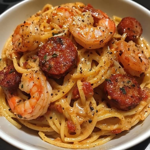 A plate of spaghetti topped with a creamy pepper sauce, crumbled chorizo, and succulent shrimp, garnished with fresh herbs.