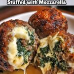 Golden, tender meatballs filled with melted mozzarella cheese and surrounded by a vibrant green spinach and garlic filling, ready to be served.