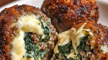 Golden, tender meatballs filled with melted mozzarella cheese and surrounded by a vibrant green spinach and garlic filling, ready to be served.