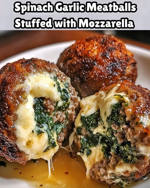 Golden, tender meatballs filled with melted mozzarella cheese and surrounded by a vibrant green spinach and garlic filling, ready to be served.