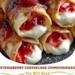 Golden-brown fried chimichangas filled with creamy cheesecake and strawberry filling, dusted with cinnamon sugar and topped with fresh strawberries.