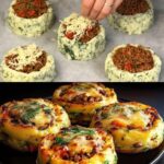 "A close-up of golden-brown stuffed mashed potato nests, filled with melted cheese and vegetables, arranged neatly on a baking tray."