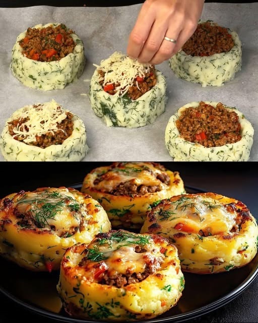 "A close-up of golden-brown stuffed mashed potato nests, filled with melted cheese and vegetables, arranged neatly on a baking tray."