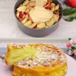 A slice of apple pie cake filled with layers of tender apple slices and creamy filling, with a golden crust barely holding it all together.