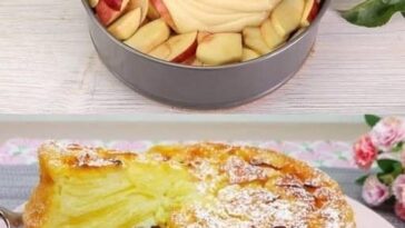 A slice of apple pie cake filled with layers of tender apple slices and creamy filling, with a golden crust barely holding it all together.