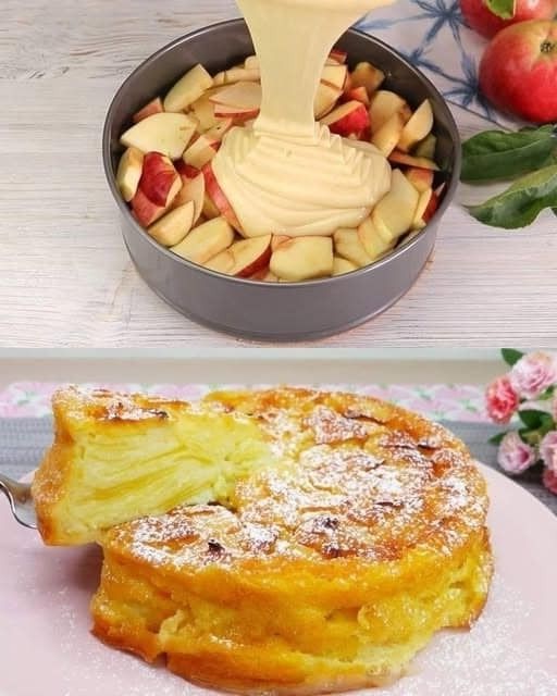A slice of apple pie cake filled with layers of tender apple slices and creamy filling, with a golden crust barely holding it all together.