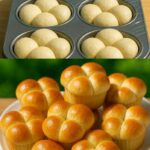 Golden-brown cloverleaf dinner rolls in a baking dish, with a soft, fluffy texture and lightly brushed with melted butter.