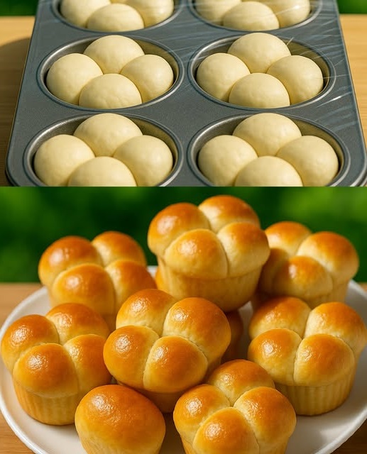 Golden-brown cloverleaf dinner rolls in a baking dish, with a soft, fluffy texture and lightly brushed with melted butter.