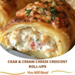 Flaky crescent rolls filled with creamy crab and cheese, arranged on a white platter.