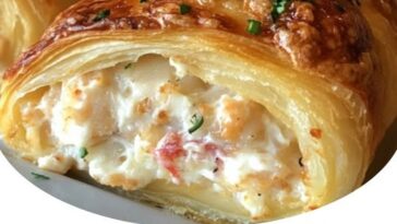 Flaky crescent rolls filled with creamy crab and cheese, arranged on a white platter.