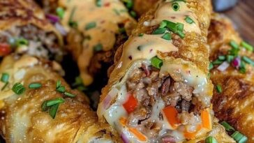 Crispy Voodoo egg rolls sliced open to reveal a spicy, flavorful filling, served with a side of dipping sauce.