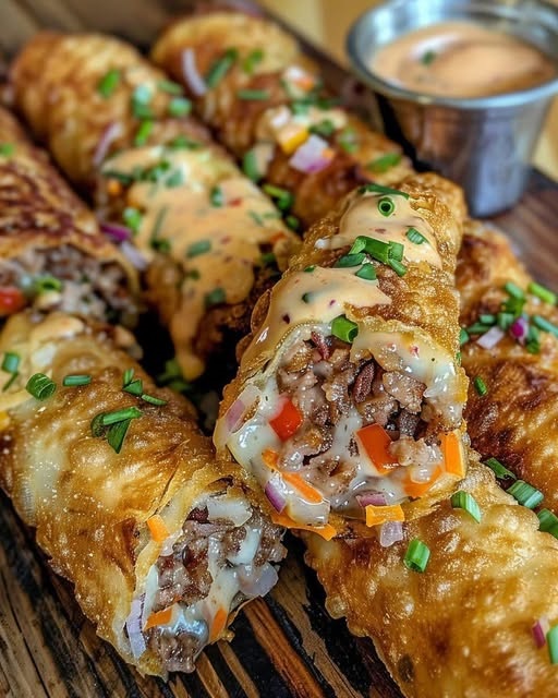 Crispy Voodoo egg rolls sliced open to reveal a spicy, flavorful filling, served with a side of dipping sauce.